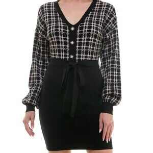 BCX Juniors' V-Neck Long-Sleeve Tie-Waist Sweater Dress – Pattern J (NWT, M)